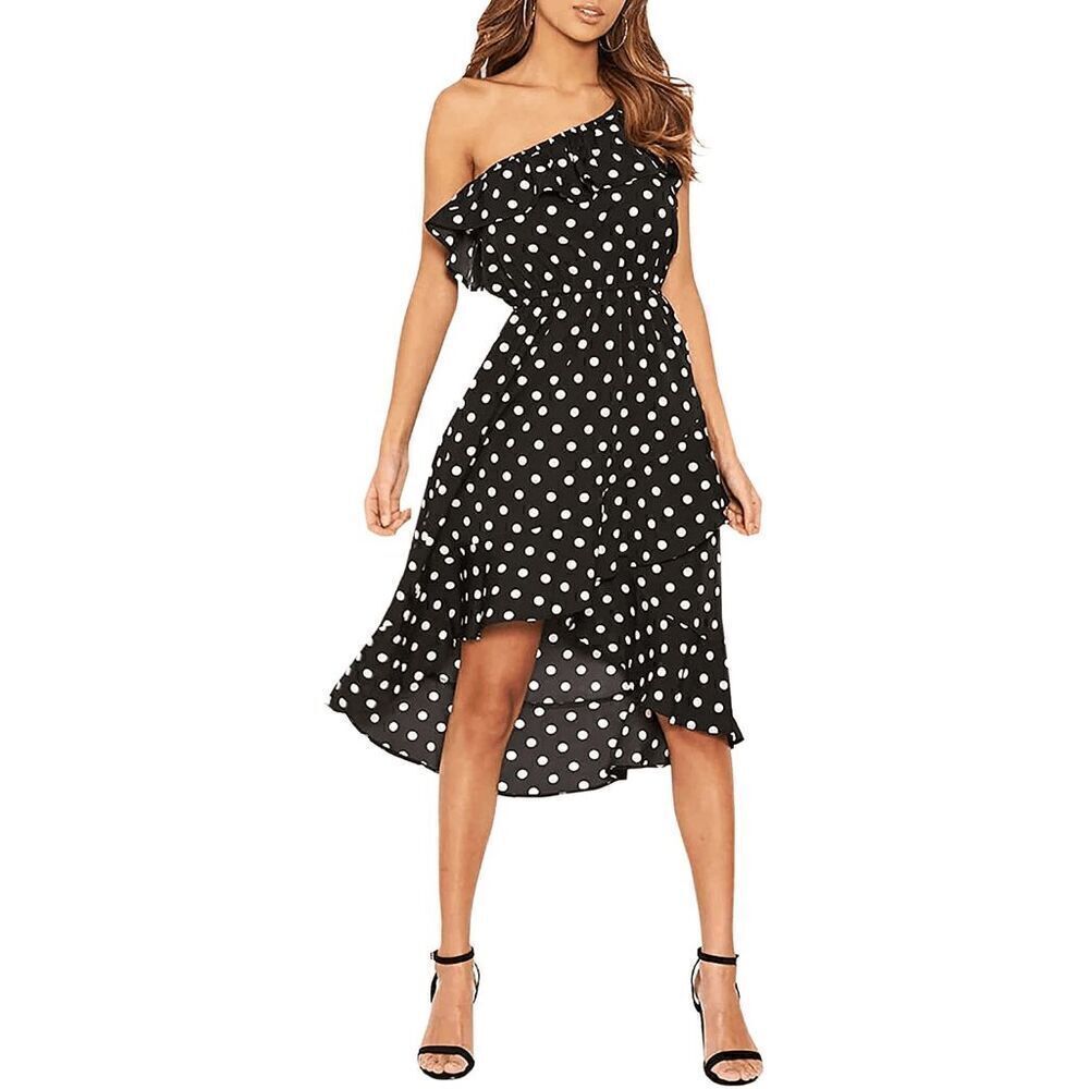 One Shoulder Ruffle Cute Polka Dot Elastic Waist Hi-Lo Flowy Dress SIZE M NEW